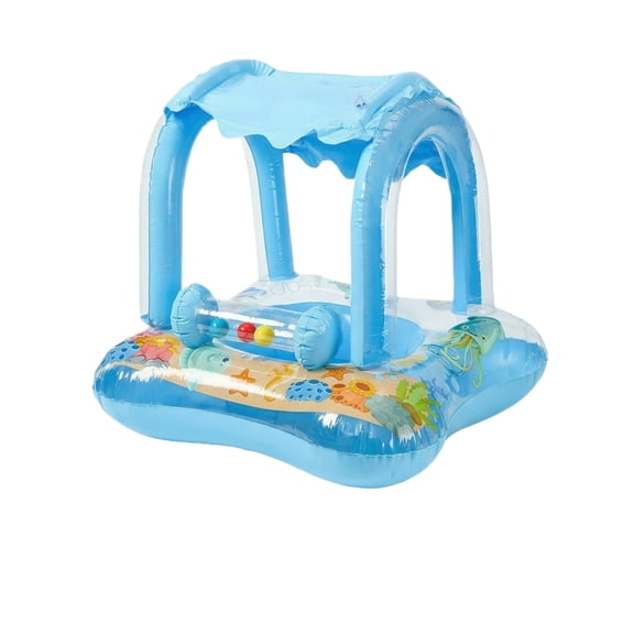 Inflatable Pool Float With Canopy And Steering Wheel For Summer Splashes, Cartoon Ocean Themed Inflatable Pool Float With Secure Seat, Premium Thickened Water Toys Inflatable Pool Float