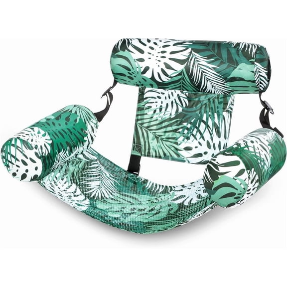 Inflatable Pool Float Chair for Adults Plant Pattern Floating Lounge Hammock with Adjustable Back & Head Support Blow Up Water Raft for Summer Beach Party