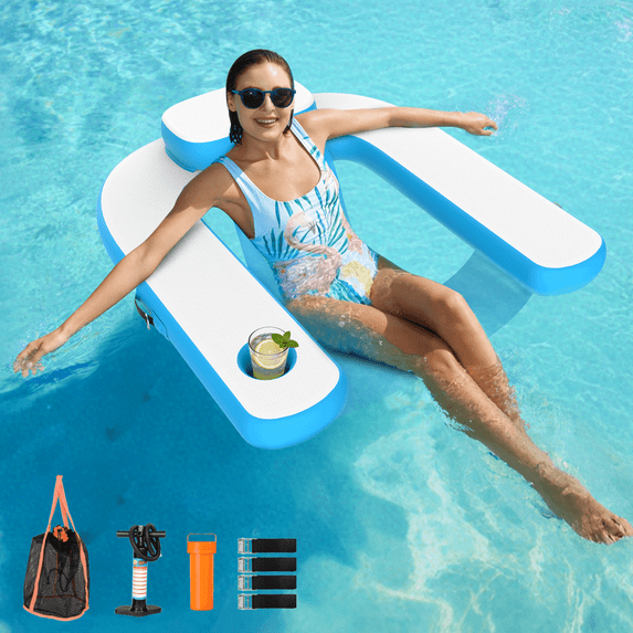 Inflatable Pool Float Chair, Floating Lounger with Cup Holder & Ergonomic Headrest,3 D-Ring Handles, Spacious Deep Seat Fits All Body Types,Adults Inflatable Pool Float for Pool,Beach,Blue