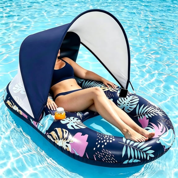 Inflatable Pool Float Dark Blue 1 Count UPF50+ Adjustable Canopy Lake Party Lounge