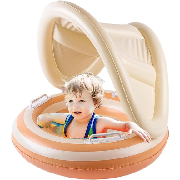 Inflatable Pool Float,with Detachable Canopy & Handles,PVC Swim Float, Stripe Pattern Seat for Beach Water Park Summer (Orange)
