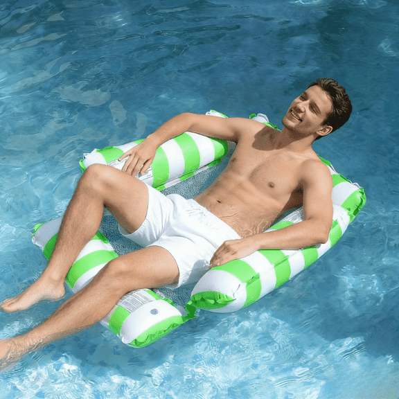 Inflatable Pool Float Hammock, Striped Water Lounge Chair for Adults, 300 Lbs Capacity, 4 Buoyant Pillows, Foldable, 47x48 Inches- Green