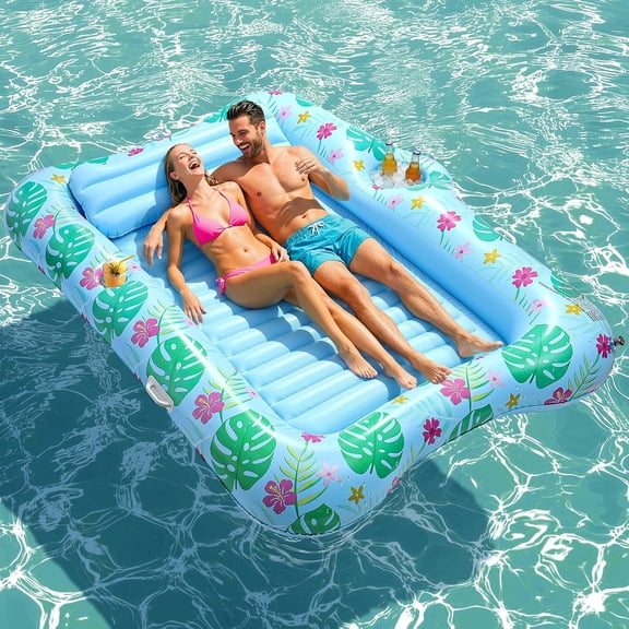 Inflatable Pool Float Lounge, Large Inflatable Pool Floats Boat for Adults with Cup Holder/Pillow, Tanning Pool Lounger Float for Outdoor Lake River Summer Water Party