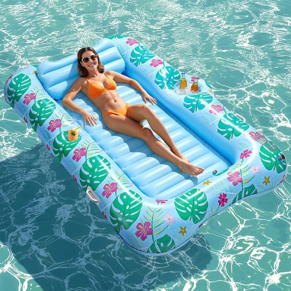 Inflatable Pool Float Lounge, Large Inflatable Pool Floats Boat for Adults with Cup Holder/Pillow, Tanning Pool Lounger Float for Outdoor Lake River Summer Water Party