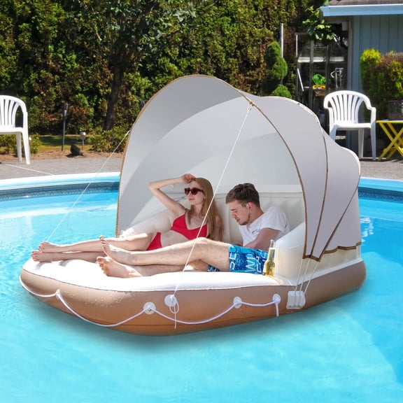 Inflatable Pool Float Lounge with Detachable Sunshade, 2-Person Swimming Raft with Cup Holders, Foldable Water Float for Pool Lake