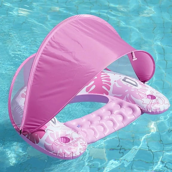 Inflatable Pool Float Lounge with Sun Canopy U-Shaped Water Floating Recliner Chair with Cup Holders  Raft for Pool Beach