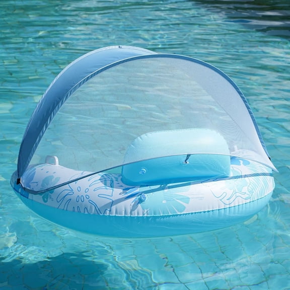 Inflatable Pool Float Lounge with Sun Canopy U-Shaped Water Floating Recliner Chair with Cup Holders  Raft for Pool Beach
