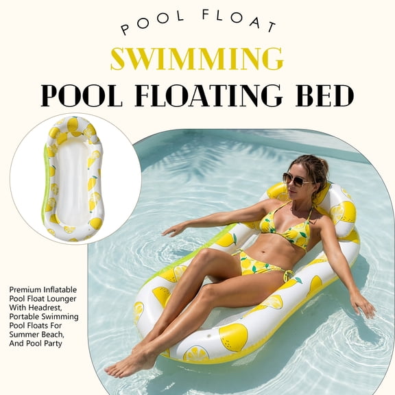 Inflatable Pool Float Lounger with Headrest Portable Swimming Pool Floats for Summer Beach and Pool Party Adult Mesh Water Hammock Bed Lemon Pattern 1PC