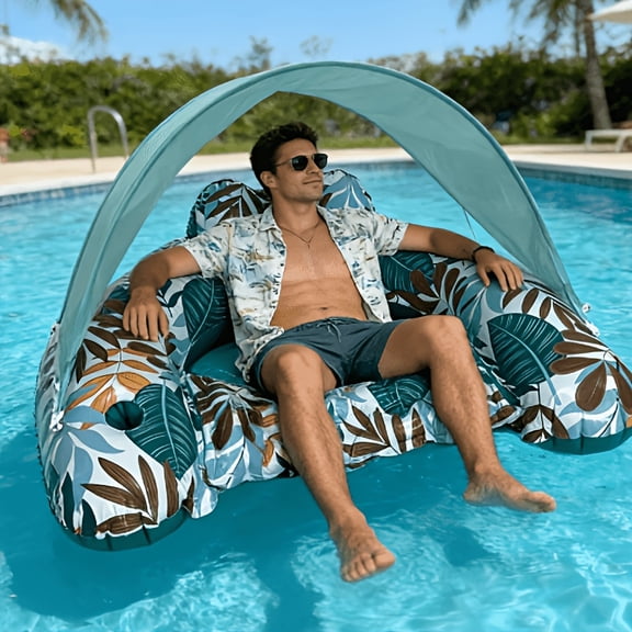 Inflatable Pool Float with Sun Canopy and Cup Holders, Leaf-Print Floating Lounge Raft for Adults, Perfect for Relaxing in Pools, Lakes, and Beach Outings
