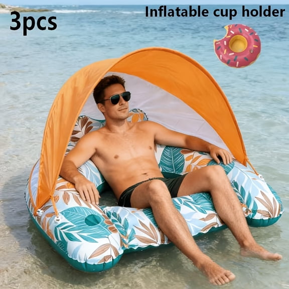 Inflatable Pool Float with Sun Canopy and Cup Holders, Leaf-Print Floating Lounge Raft for Adults, Perfect for Relaxing in Pools, Lakes, and Beach Outings