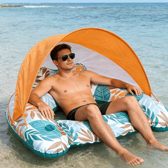 Inflatable Pool Float with Sun Canopy and Cup Holders, Leaf-Print Floating Lounge Raft for Adults, Perfect for Relaxing in Pools, Lakes, and Beach Outings