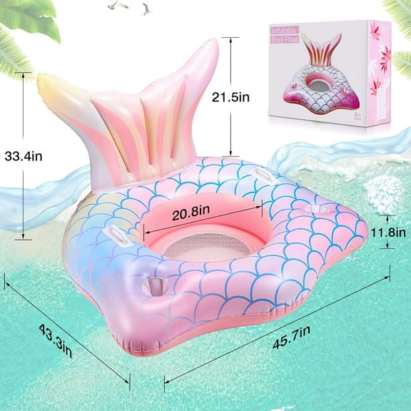 Inflatable Pool Float Tail with Cup Holders, Backrest, Mesh Bottom and Handles for Summer Water Fun