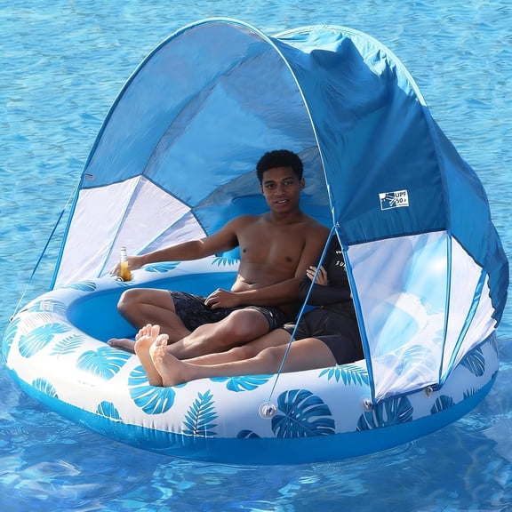 Inflatable Pool Float with Canopy 2 Person Floating Island Extra Large Sun Shade