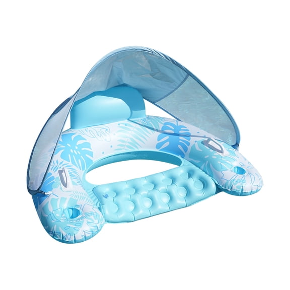 Inflatable Pool Float with Canopy U-Shape Lounge Chair with Cup Holders Tropical Blue