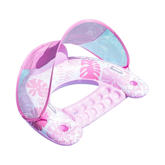 Inflatable Pool Float with Canopy U-Shape Lounge Chair with Cup Holders Tropical Pink
