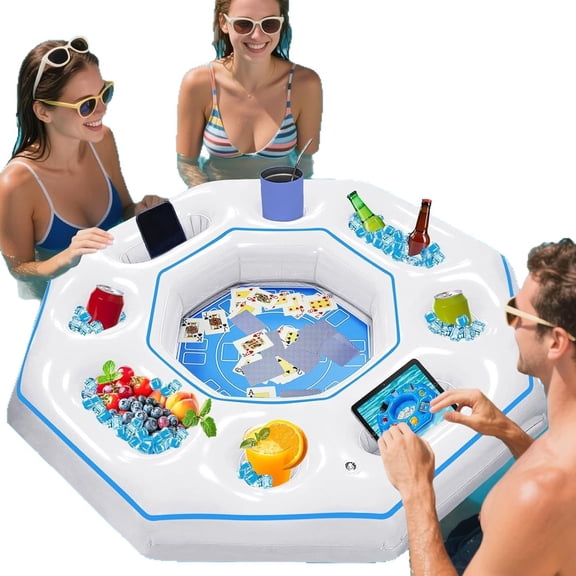 Inflatable Pool Floating Table and Game Station with 4 Cup Holders and Ice Storage, Large Water Party Server for Drinks Snacks and Cards Fun, White