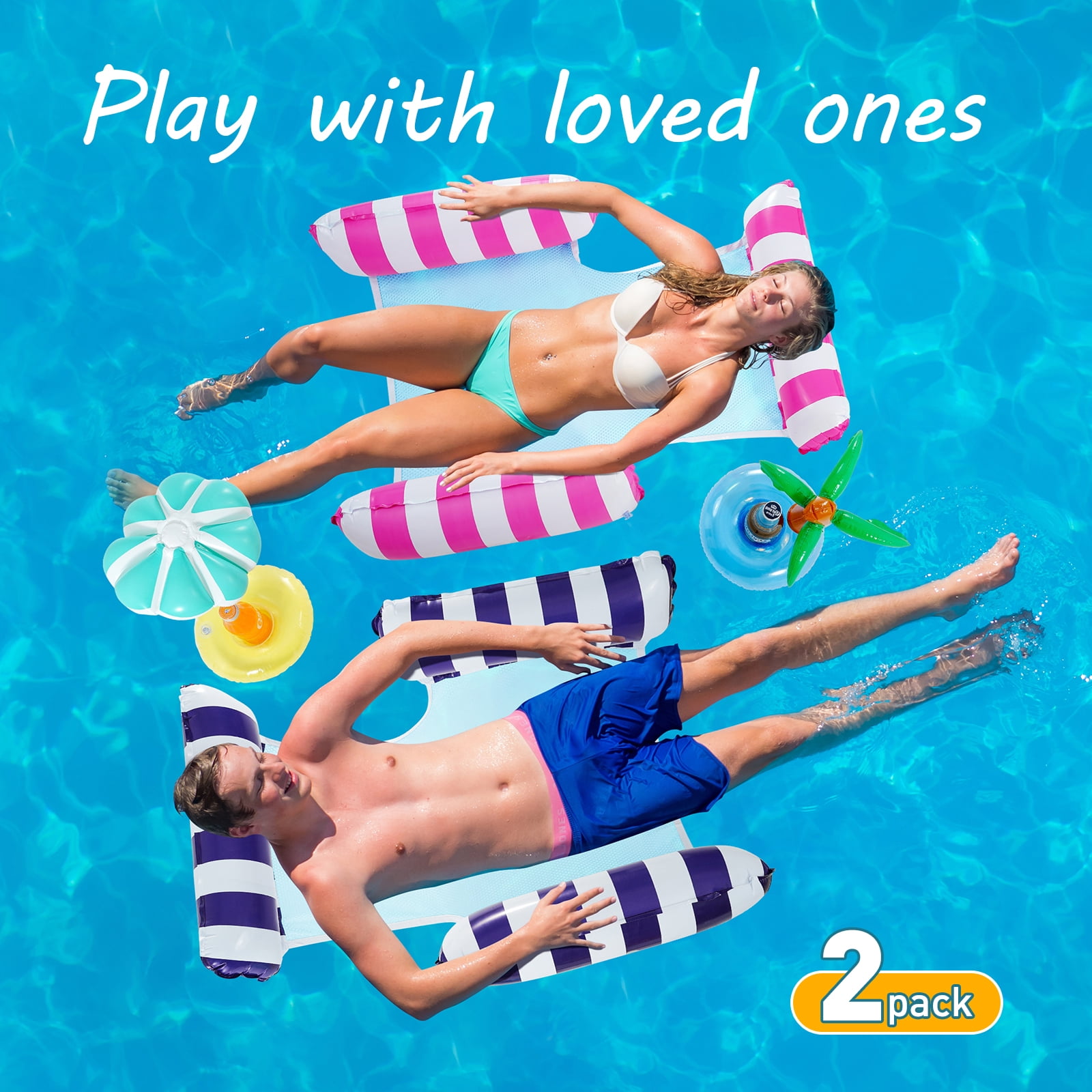 Vcomsoft Inflatable Pool Floats for Adults 2 Pack - Water Hammock & Floating Pool Chair Lounge with 2 Drink Holders - Summer Pool Party, Vacation, Lake, Beach(Pink,Blue)