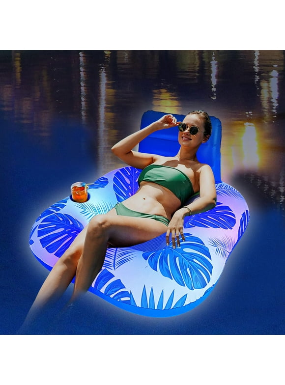Inflatable Pool Floats Chair with Color Changing Light, Button Battery Powered Water Floats with Cup Holder,Beach Float Pool Sofa, Pool Raft Lounge Pool Floats for Adult