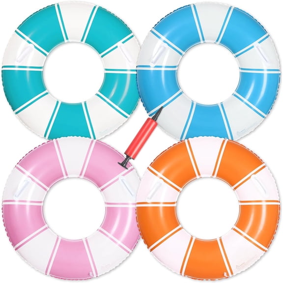 Inflatable Pool Floats with Handles 31.5 Inches 4 Colors Classic Striped Swim Rings Tubes Stripes Swimming Pool Floaties with Pump for Summer Beach Lake River Bachelorette Party Decorations