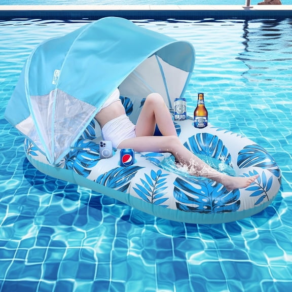 Inflatable Pool Floats Lounger Adult, Pool Float Lounge with Canopy Raft Floaties Water Floating Recliner Chair with Cup Holders Foot Rest Swimming Floaty
