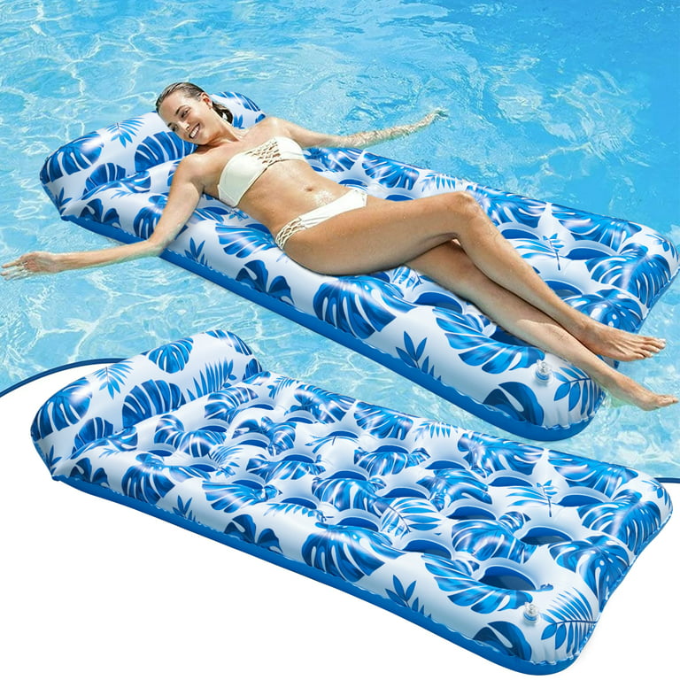 Inflatable Pool Floats Raft Water Hammock Lounge Adults with Headrest Floating Pool Lounge Contour Lounger for Men Women 73 x 34 Inches (Blue)