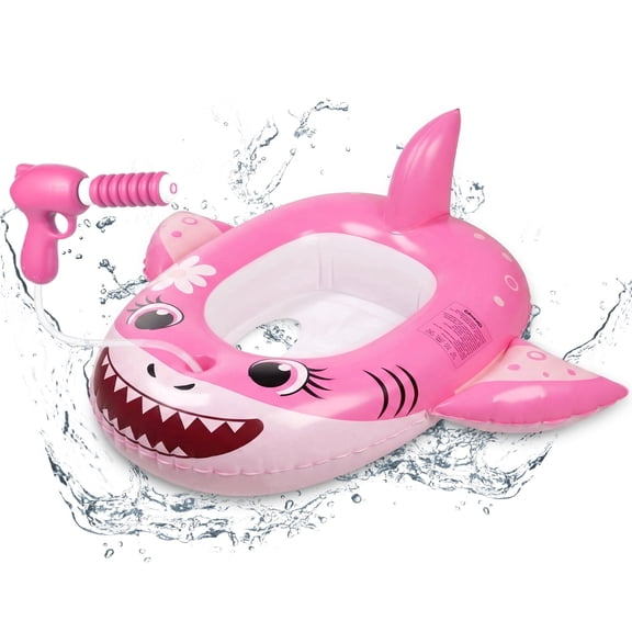 Pool Floats for Kids and Toddlers, with Water Blaster, Shark Boat Pool Float Swim Seat Toys, Summer Swimming Pool Water Toys for Boys Girls Aged 3-8 Years, Pink