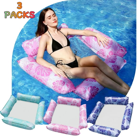 3 Packs Inflatable Pool Floats Adults 4-in-1 Multi-Purpose Pool Floats PVC Water Hammock Lounge Floaties