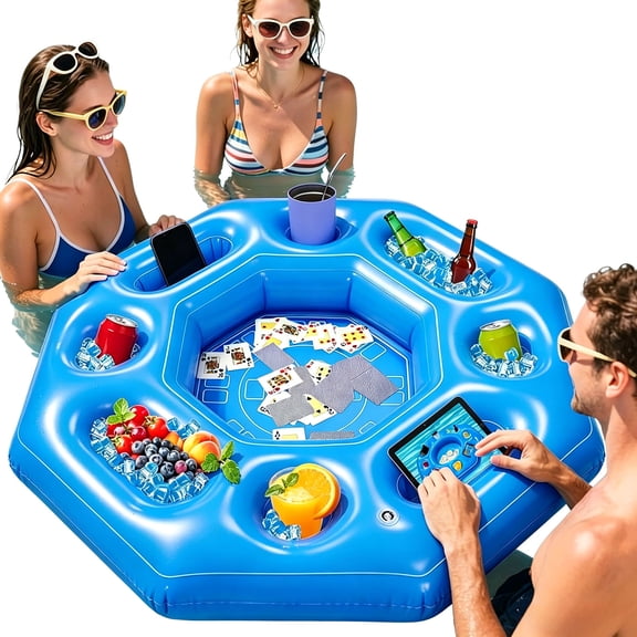Inflatable Pool Game Table PVC Floating Serving Bar Ice Buffet Tray Drink Holder Beer Pong Float for Adults Family Summer Outdoor Water Party Games FunAs Shown