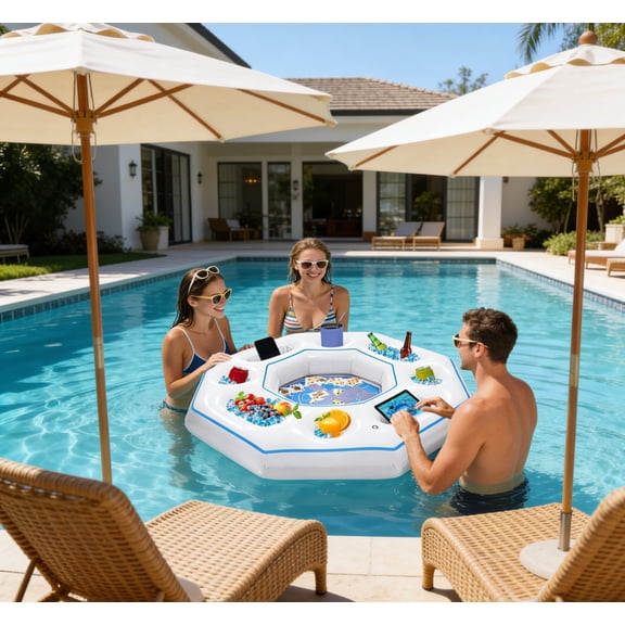 Inflatable Pool Game Tray, Octagonal Floating Cup Holder Tray for Adults, Waterproof Pool Game Accessory for Hot Tub Backyard Beach Pool Party