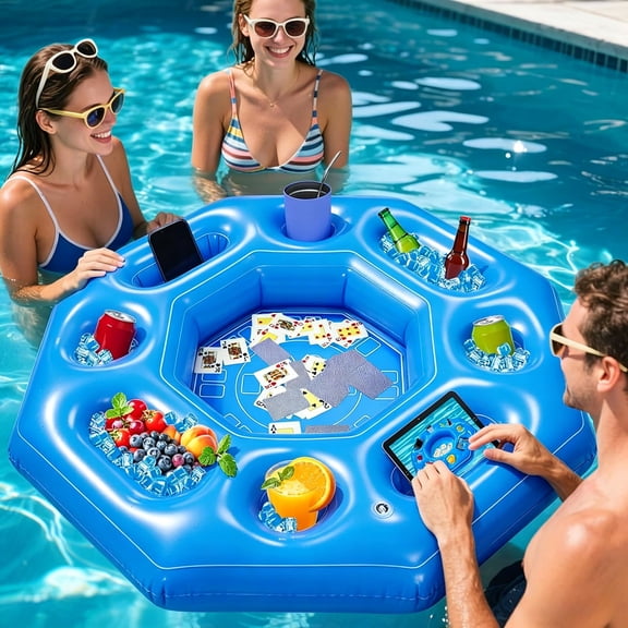 Inflatable Pool Game Tray - Octagonal Floating Drink & Snack Holder with 8 Cup Holders, PVC Floating Bar Table for Pool Party, Beach, and Summer Water Activities (44.49in)