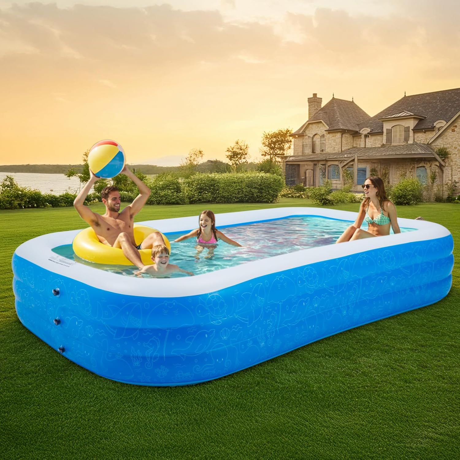 Inflatable Kids Pool 59x43x20 Inches - Three Ring Airbag Swimming Pool With Cartoon Pattern
