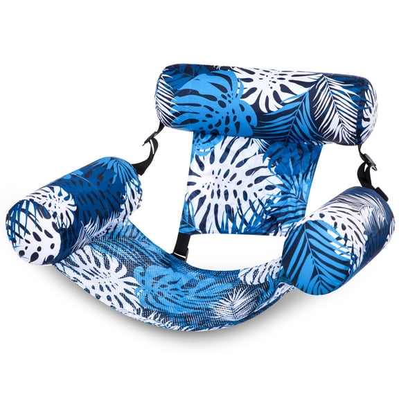 Inflatable Pool Lounge Float Blue Leaves Pattern Adult Water Hammock Raft for Summer Beach Party Fun