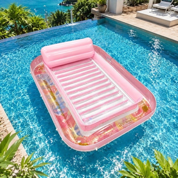 Inflatable Pool Lounger Float, 69 Inch Water Lounge Raft with Pillow and Built-in Cup Holder, Glitter Mesh Pool Bed for Beach, Lake, Pool, Summer Parties