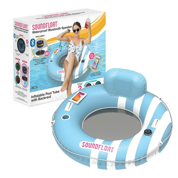 SoundFloat Inflatable Pool Float Lounger Tube with Bluetooth 5 IPX7 Waterproof Speaker, Mesh Bottom, Cup Holder & Backrest