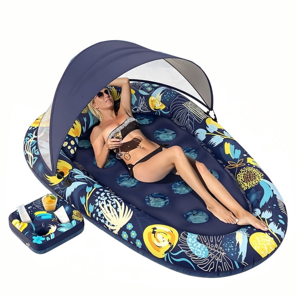 Inflatable Pool Lounger with Canopy, Heavy Duty Adult Pool Float, Cup Holder for Tanning Pool