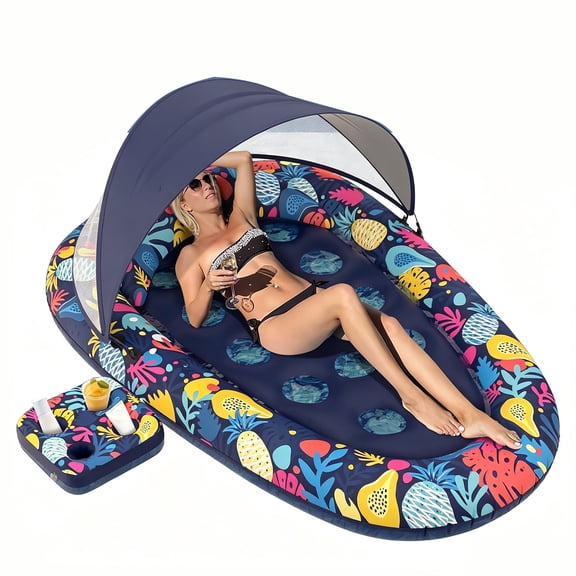Inflatable Pool Lounger with Canopy, Heavy Duty Adult Pool Float, Cup Holder for Tanning Pool
