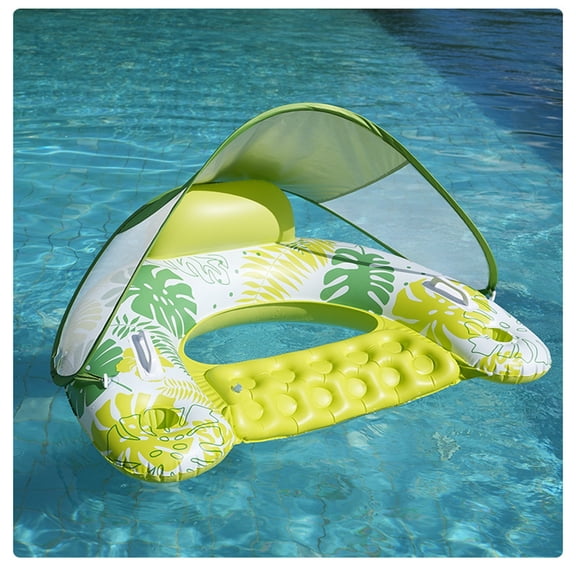 Inflatable Pool Rest Seat - Floating Water Rocker Bed with Shade Lid for Pool, Pond & Beach, Reinforced Vinyl Pool Drift Lounger for Adults