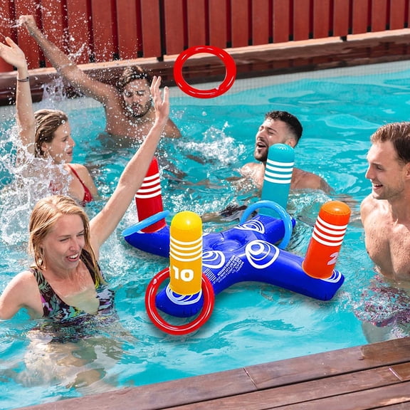 Inflatable Pool Ring Toss Game Set,Floating Water Toys for Young & Adults,Includes Base + 4 Rings + Pump - Summer Pool Party, Beach & Backyard Fun