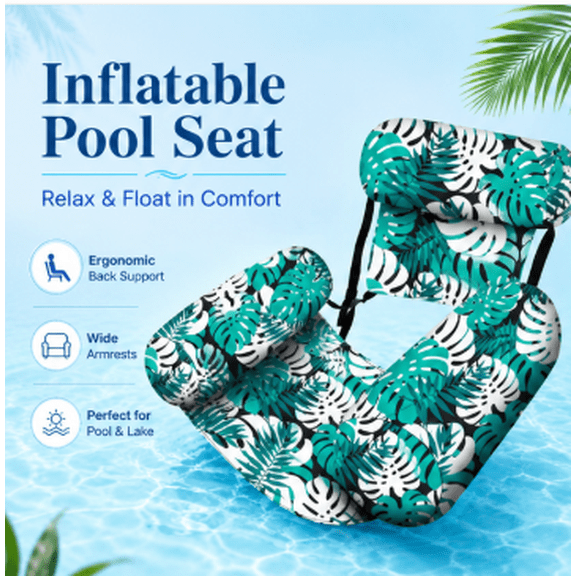 Neidga Pool Chair Float for Adult, Tropical Leaf Inflatable Swim Chair with Backrest and Armrests, Foldable Lounger Seat Supports up to 300 lbs for Lake Backyard Summer Fun