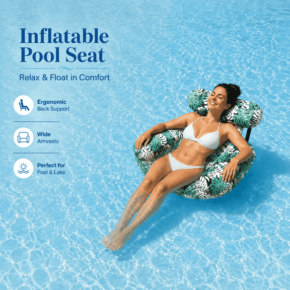 Pool Float Chair for Adults, Tropical Leaf Inflatable Floating Lounger with Headrest & Back Support for Pool and Lake
