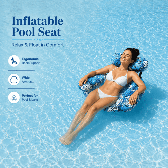 CozyHome Inflatable Pool Float Swim Chair for Adults, Tropical Leaf Pool Chair Float for Adult with Backrest and Armrests, Foldable Seat Float for Pool for Lake Backyard Summer Fun, 300 Lbs Capacity
