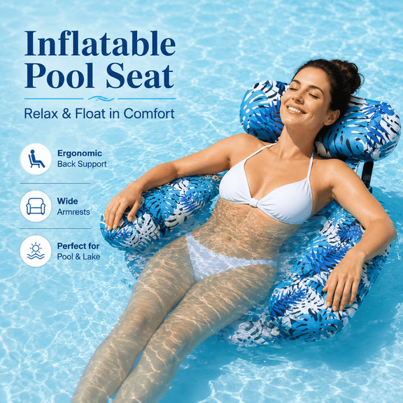 Inflatable Pool Seat for Adults, Tropical Leaf Pool Float Chair with Backrest and Armrests, Supports up to 300 lbs, Foldable Lounger for Pool, Lake, Backyard and Summer Fun