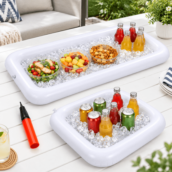 Inflatable Pool Table Serving Bar with 2 Ice Trays, Food Drink Holder Cooler for Indoor Outdoor BBQ Picnic Parties