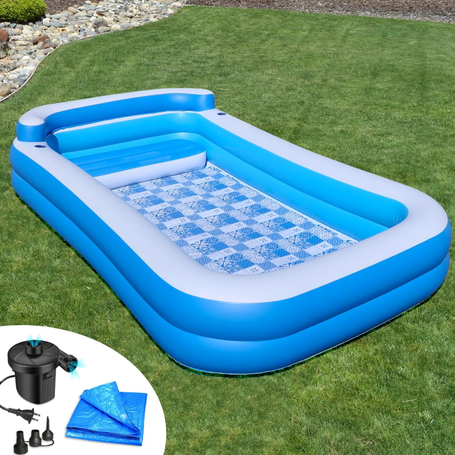 Inflatable Pool w/Seats & Headrests, 8ft x 8ft, Comes with Electric Pump and Ground Tarp Included - Fast Setup and Reinforced Seams