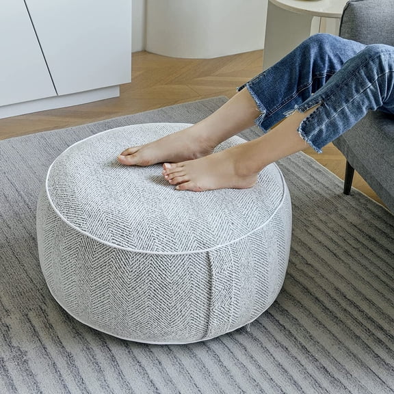 Inflatable Pouf Ottoman, 21x10 Inches Stuffed Chenille Ottoman with Inflatable PVC Liner, Foot Rest with Portable Handle, Round Floor Pillow for Living Room, Bedroom, Kids Room