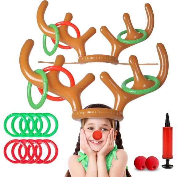 Inflatable Reindeer Antler Ring Toss Game Set 2025 Christmas Party Games for Families Includes 2 Antler Hats, 10 Rings, Red Reindeer Noses, and Pump Perfect for Holiday Fun