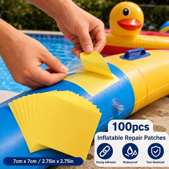 Inflatable Repair Patch, 100 Pack Yellow Self Adhesive 7x7cm PVC Patch Kit for Pool, Float, Air Mattress, Beach Ball, Boat