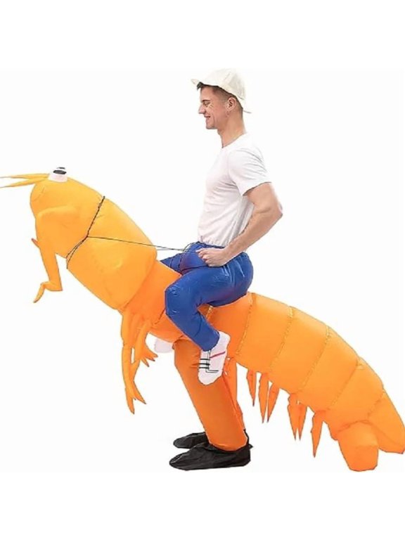 Inflatable Rideon Shrimp Costume for Adults, Funny Blowup Riding Giant Shrimp Fancy Dress Suit for Halloween Cosplay Party