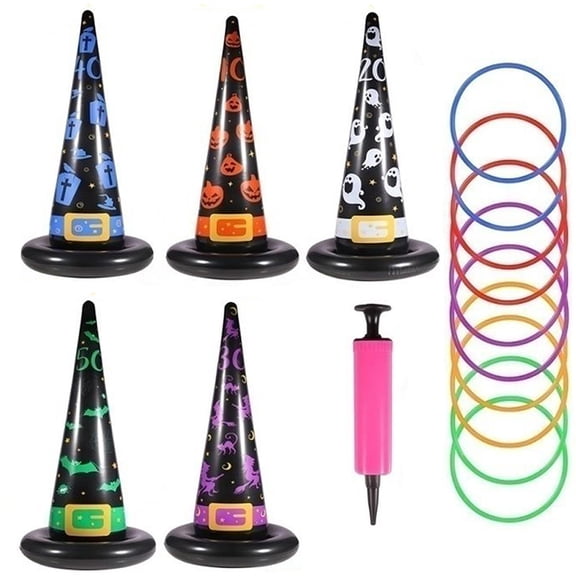 Inflatable Ring Toss Game Halloween Party Inflatable Witch Hat Ring Toss Set with 10 Durable Plastic Rings Hand Air Pump Fun Outdoor Indoor Family Game for Kids Adults