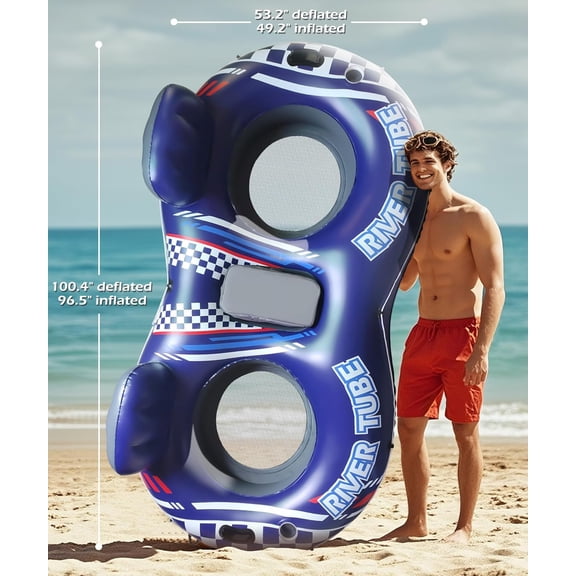 Inflatable River Tube Float - 2 Person Heavy Duty River Float Pool Floats with Removable Cooler Lake Water Tubes for Floating River Raft Lounge Floatie with 2 Cup Holders for Adults (D-Blue)